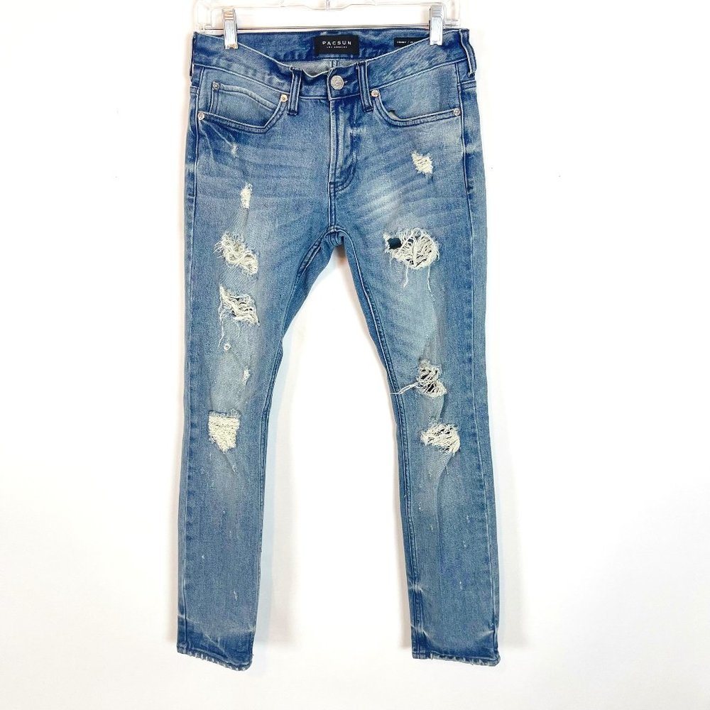 Pacsun Men's Blue Denim Distressed Skinny Jeans Size 28x30